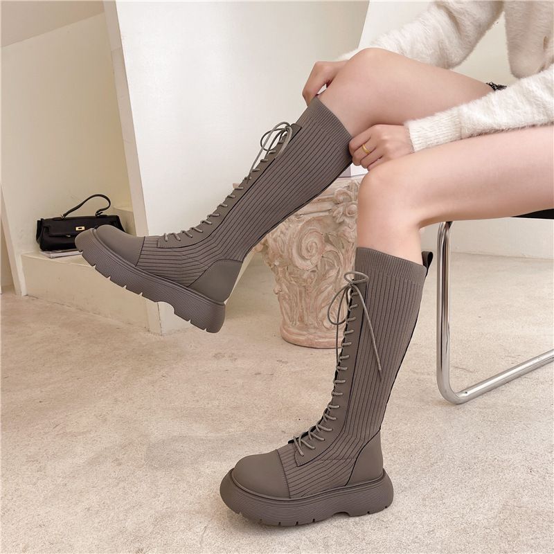 Panel Boots Knit Platform Lace-Up Tall