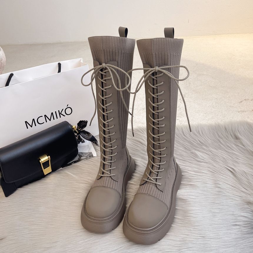 Panel Boots Knit Platform Lace-Up Tall