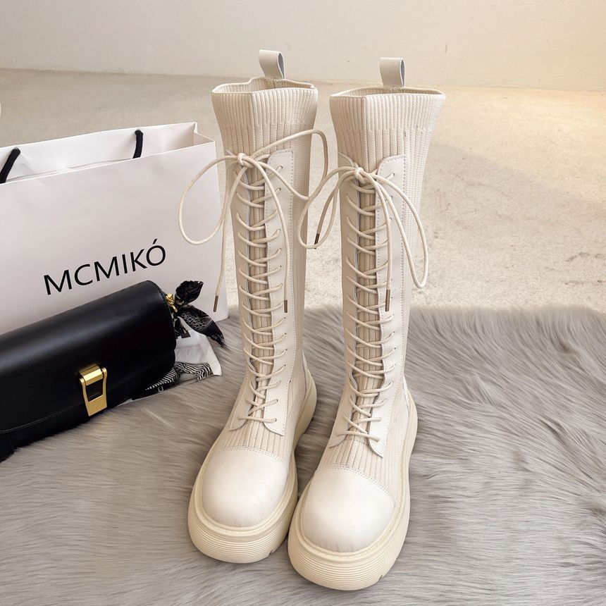 Panel Boots Knit Platform Lace-Up Tall