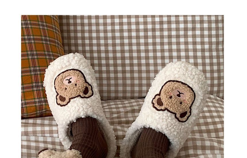 Bear Embroidered Fluffy Home Slippers