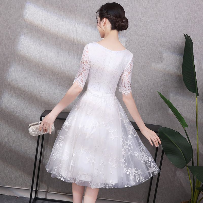 Elbow-Sleeve Lace A-Line Evening Dress