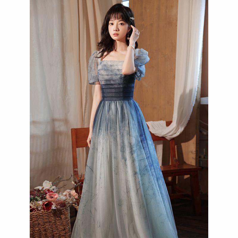 Puff-Sleeve Tie-Dye Mesh A-Line Evening Gown