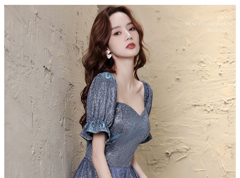 Short-Sleeve Glitter A-Line Evening Gown