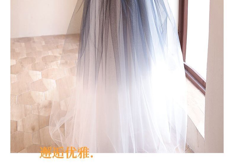 Puff-Sleeve Ombre Mesh A-Line Evening Gown