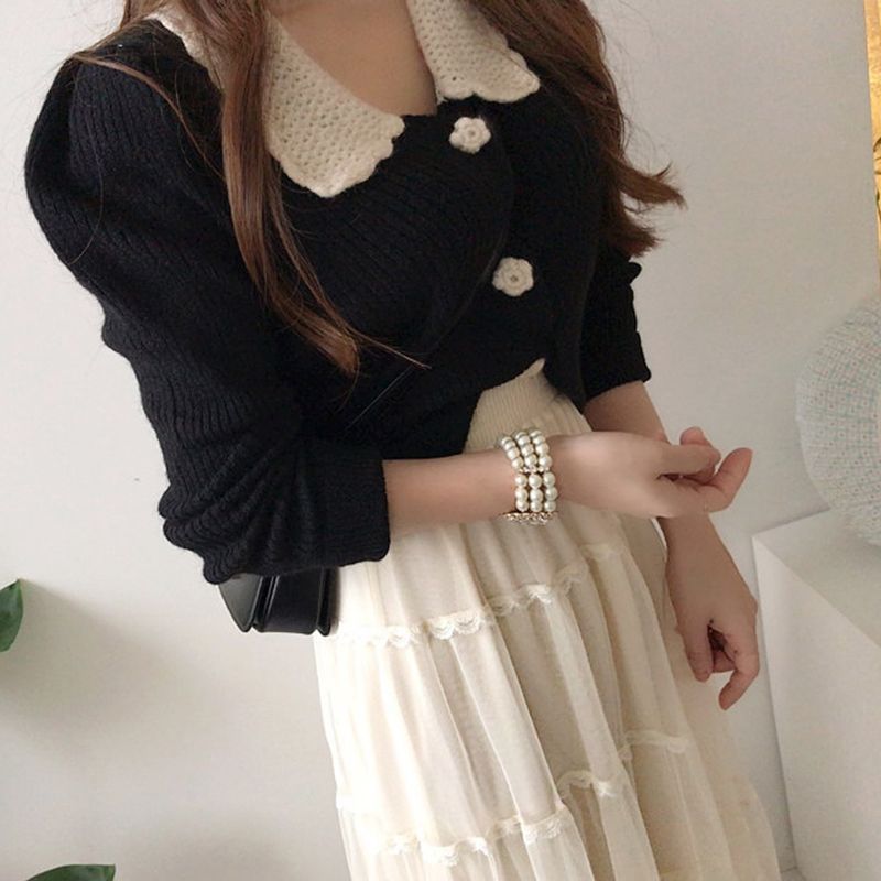 Collared Cardigan / Mesh Midi A-Line Skirt