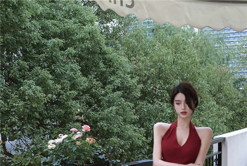 V-Neck Dress Plain Slim-Fit Sleeveless Halter