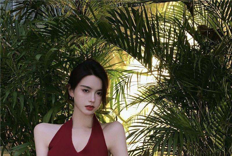 V-Neck Dress Plain Slim-Fit Sleeveless Halter