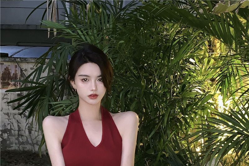 V-Neck Dress Plain Slim-Fit Sleeveless Halter