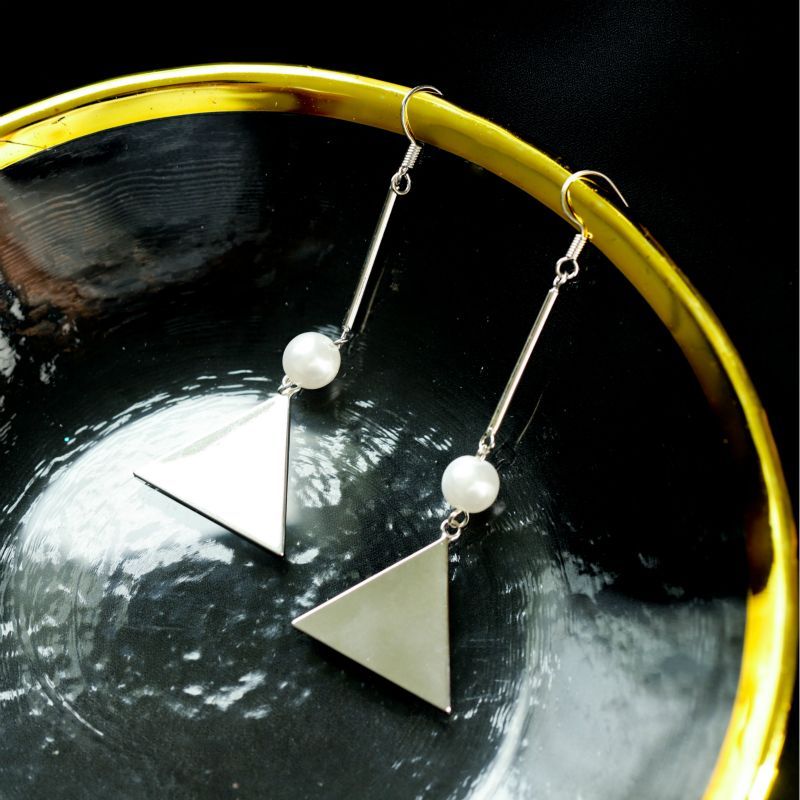 Earring Triangle Pearl Faux Dangle Sterling Silver