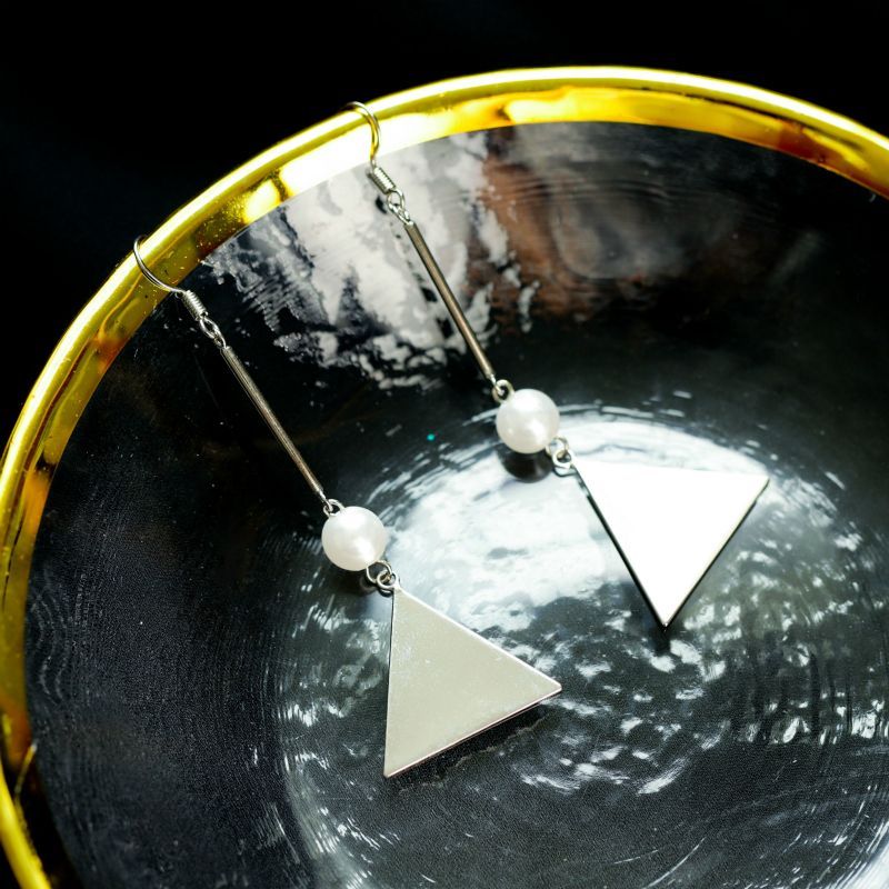 Earring Triangle Pearl Faux Dangle Sterling Silver