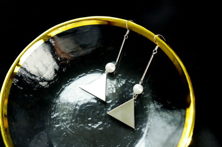 Earring Triangle Pearl Faux Dangle Sterling Silver