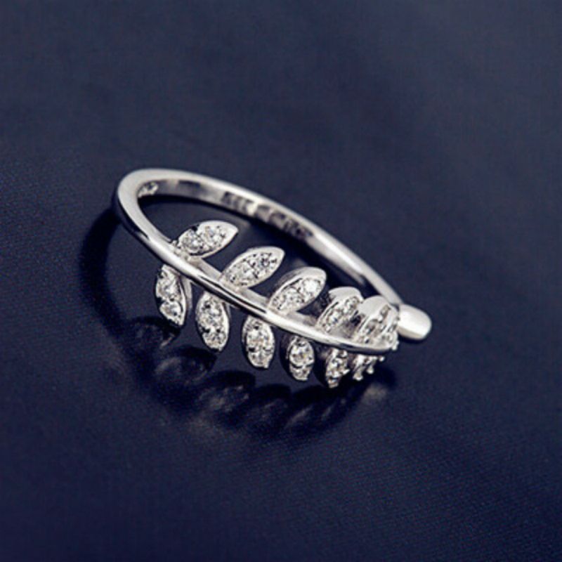 Open Silver Rhinestone Ring Sterling Leaf