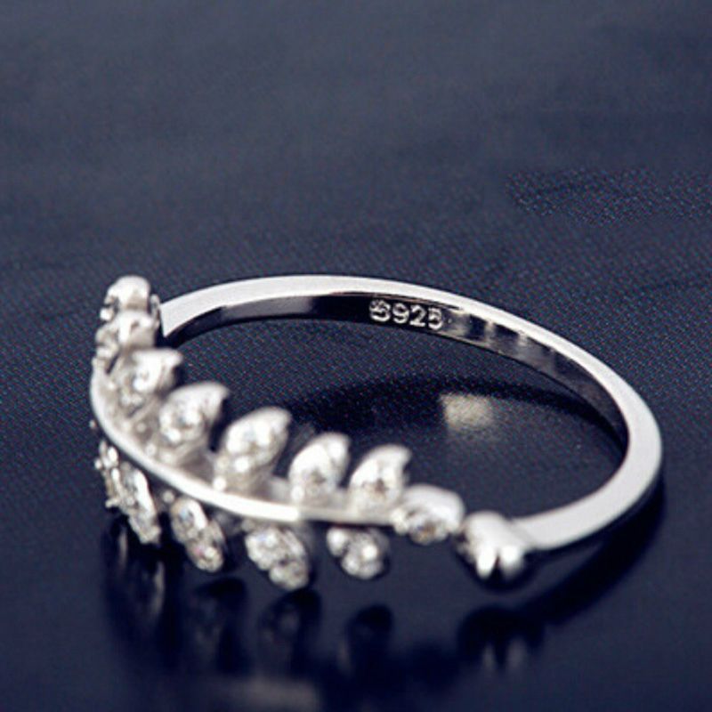 Open Silver Rhinestone Ring Sterling Leaf