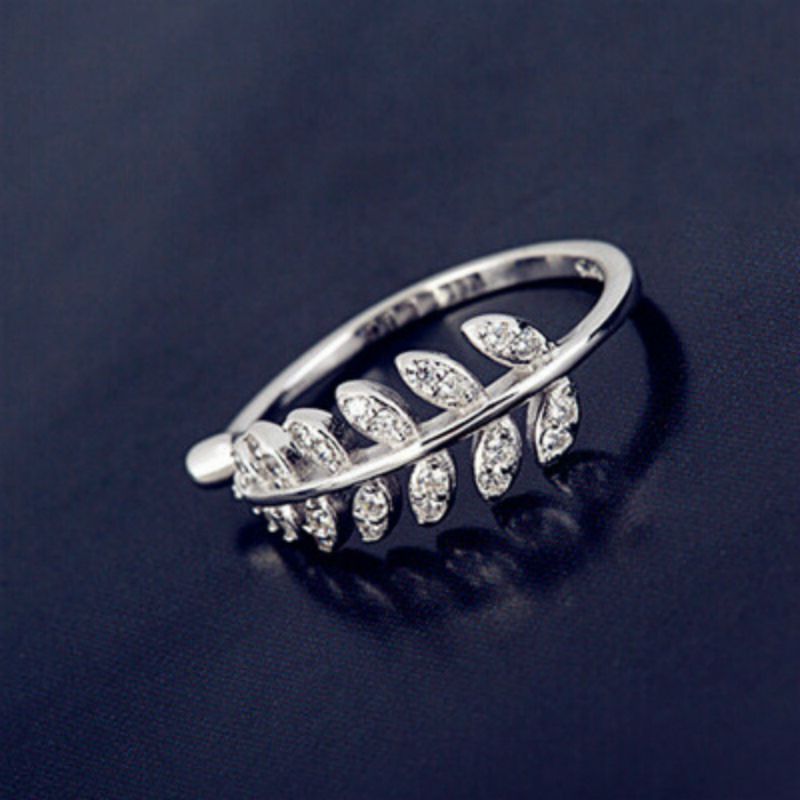 Open Silver Rhinestone Ring Sterling Leaf