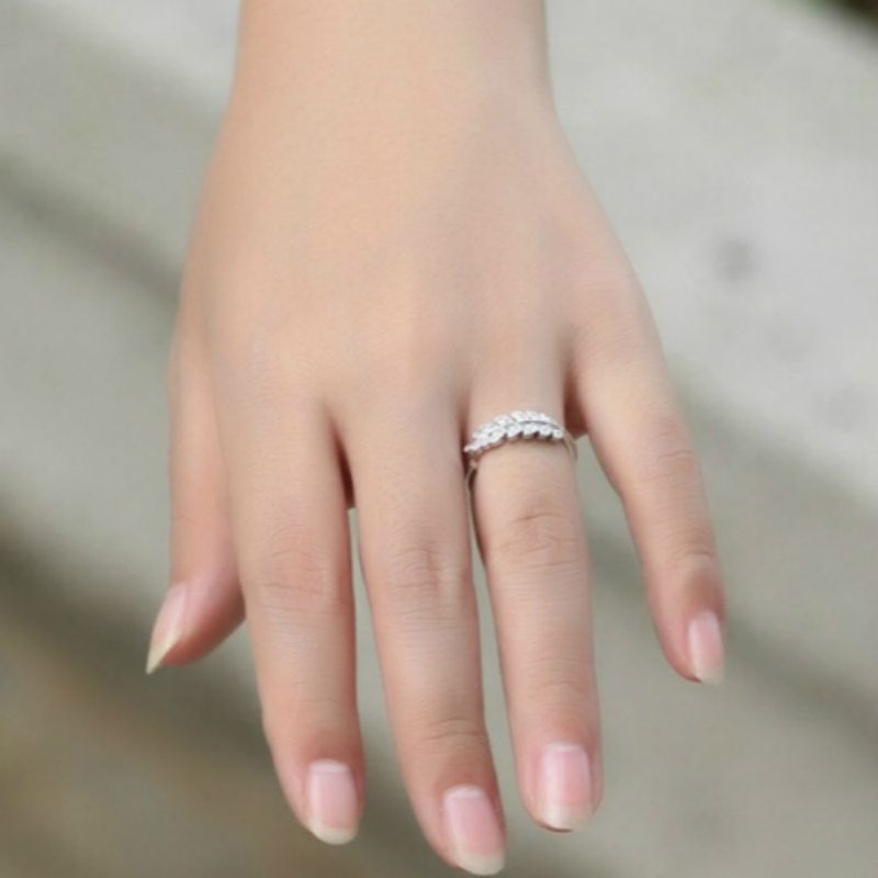 Open Silver Rhinestone Ring Sterling Leaf