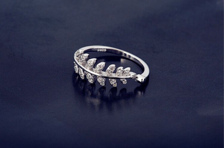 Open Silver Rhinestone Ring Sterling Leaf