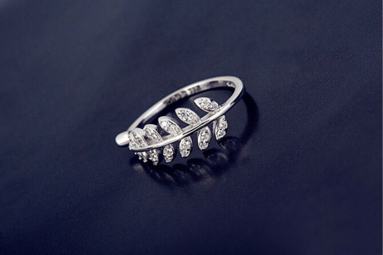 Open Silver Rhinestone Ring Sterling Leaf