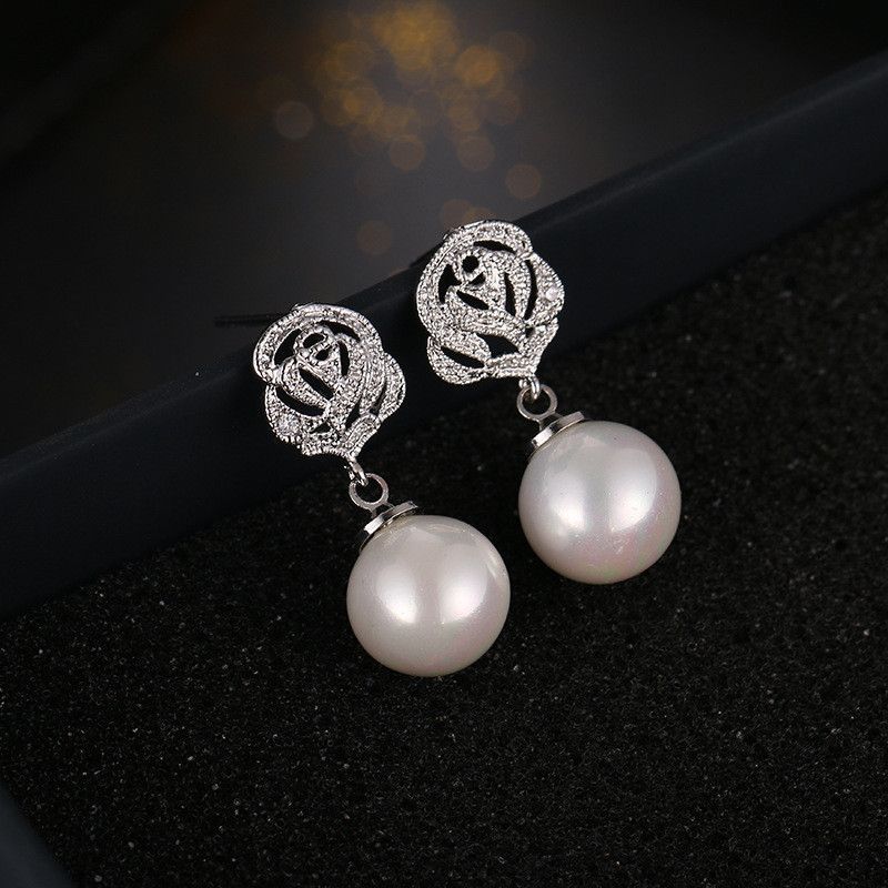 Pearl Earring Faux Dangle Rose Rhinestone