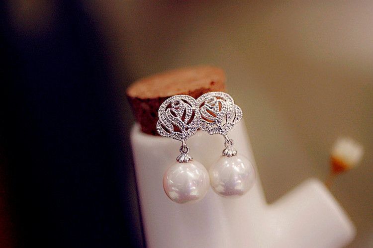 Pearl Earring Faux Dangle Rose Rhinestone