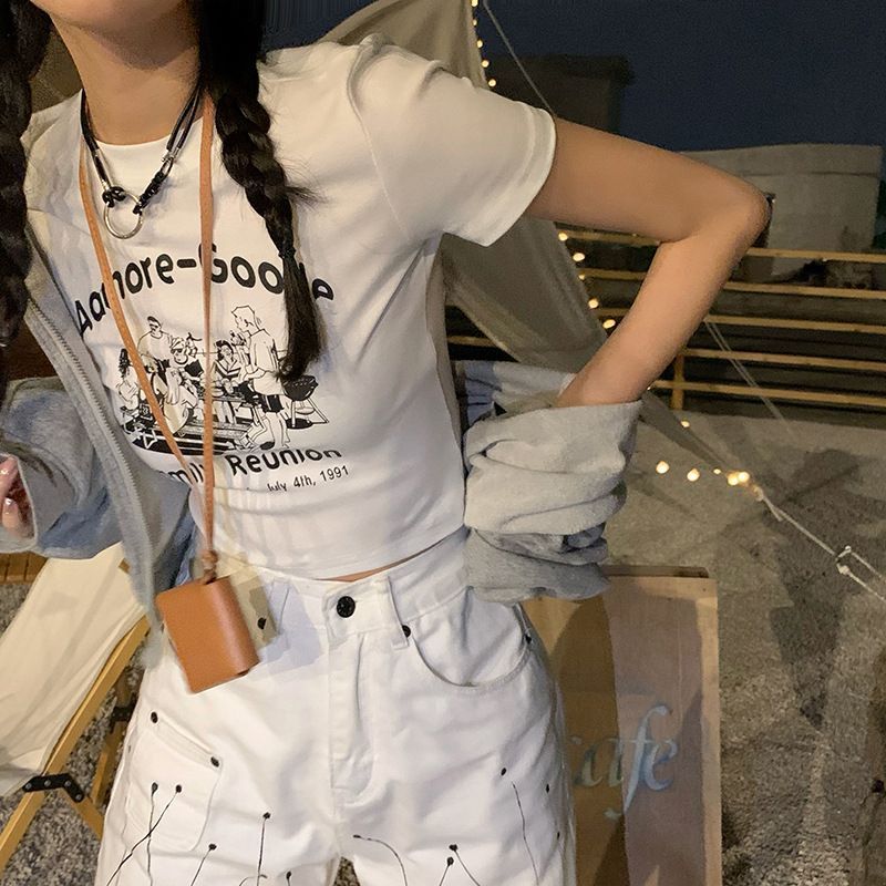 Short-Sleeve Cartoon T-Shirt Cropped Print