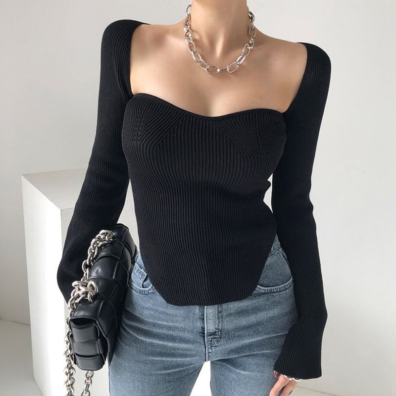 Square-Neck Ribbed Knit Top