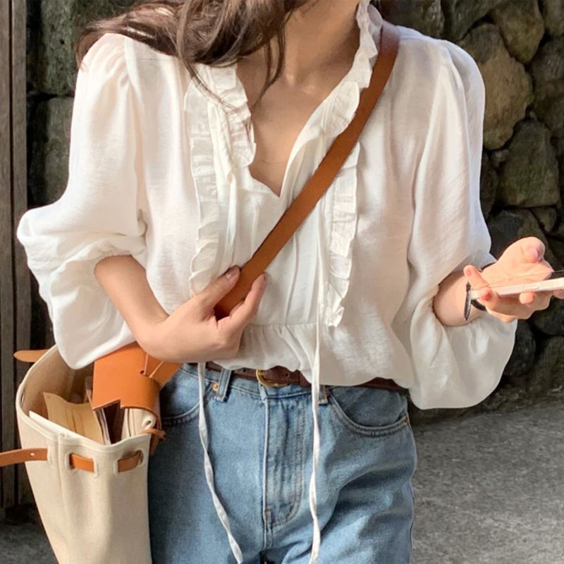 Panel Wood Ear Trim Puff-Sleeve Loose-Fit Shirt