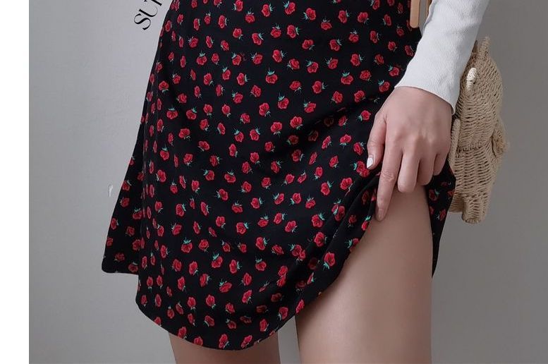 Strap Print Midi Spaghetti Dress Floral Rose Mini Sleeveless Slim-Fit /