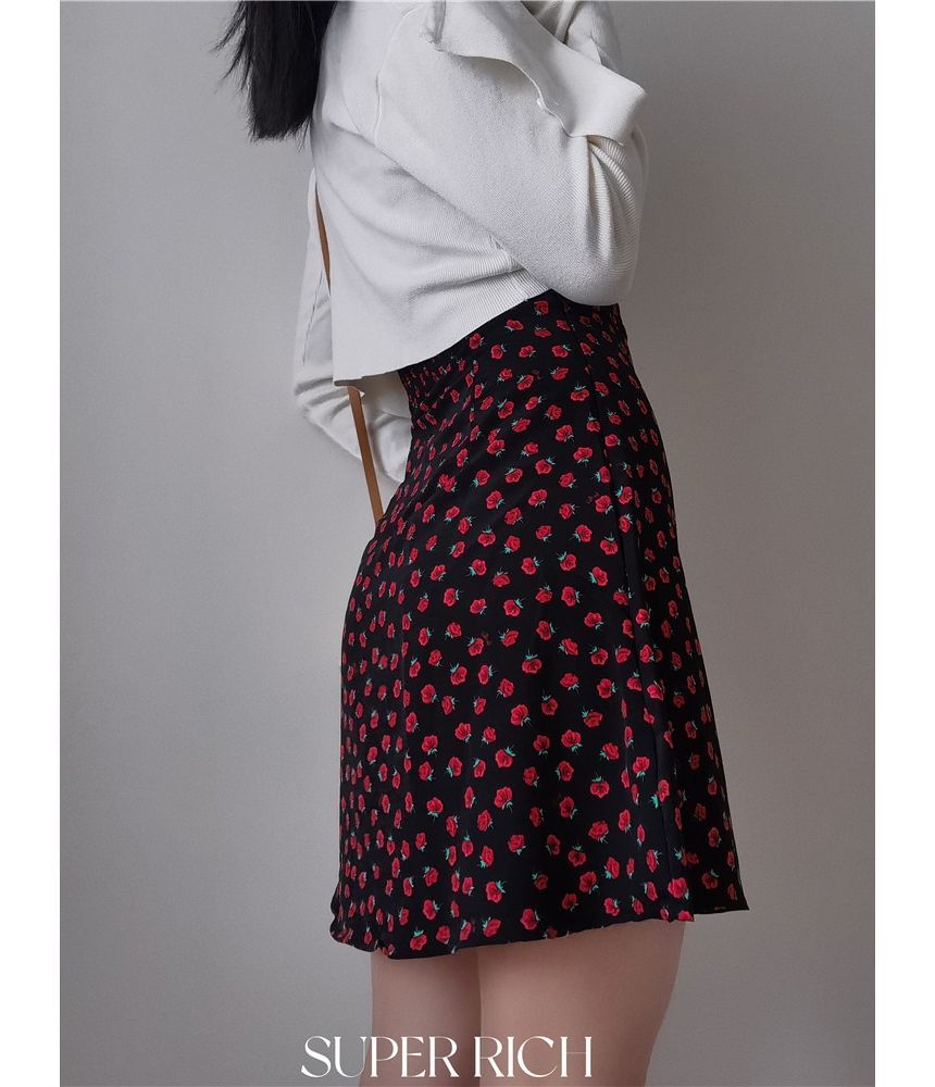 Strap Print Midi Spaghetti Dress Floral Rose Mini Sleeveless Slim-Fit /