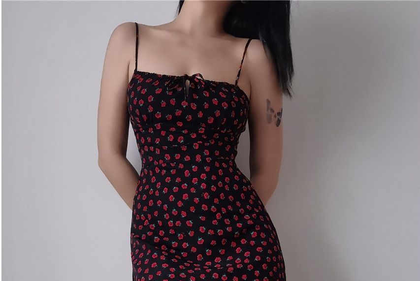 Strap Print Midi Spaghetti Dress Floral Rose Mini Sleeveless Slim-Fit /