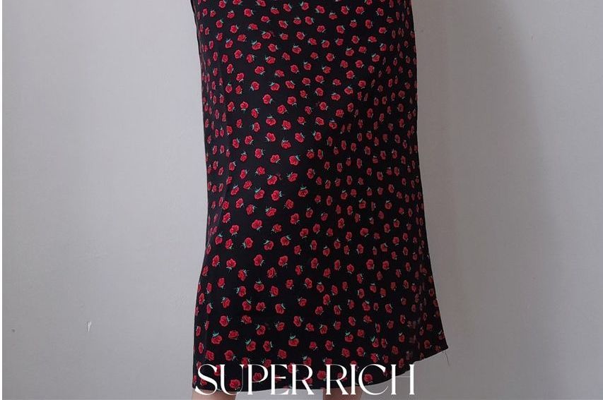 Strap Print Midi Spaghetti Dress Floral Rose Mini Sleeveless Slim-Fit /