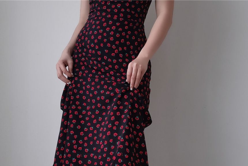 Strap Print Midi Spaghetti Dress Floral Rose Mini Sleeveless Slim-Fit /