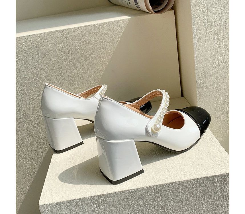 Escarpins Mary Jane à talon épais et bout rapporté avec fausses perles