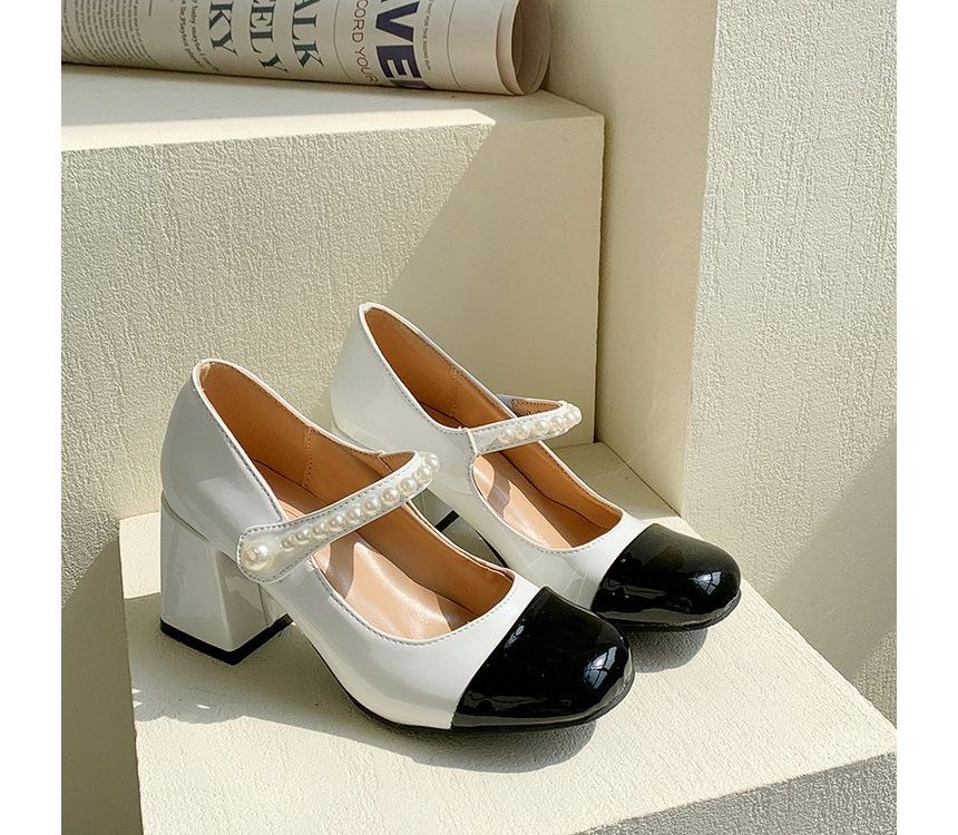 Escarpins Mary Jane à talon épais et bout rapporté avec fausses perles