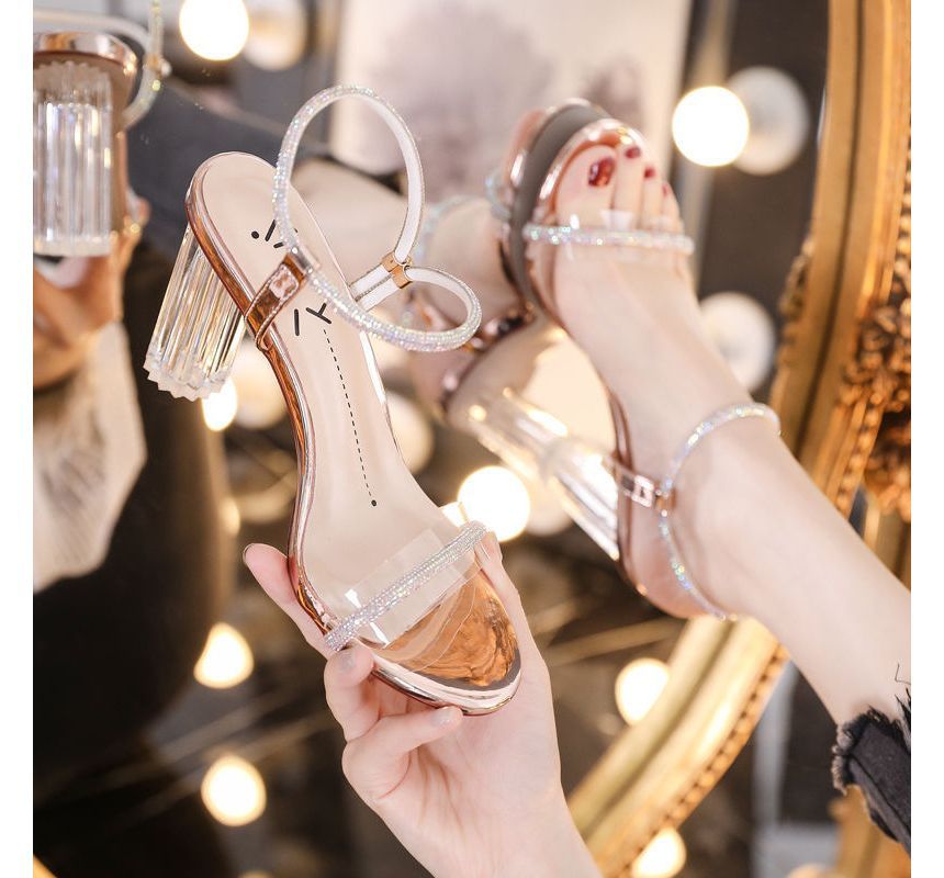 Chunky-Heel Sandals Ankle-Strap Rhinestone