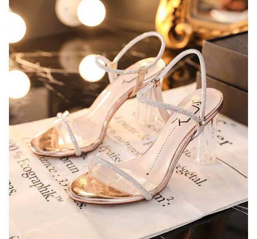 Chunky-Heel Sandals Ankle-Strap Rhinestone