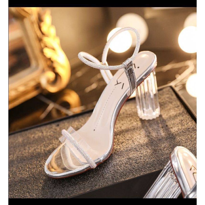 Chunky-Heel Sandals Ankle-Strap Rhinestone