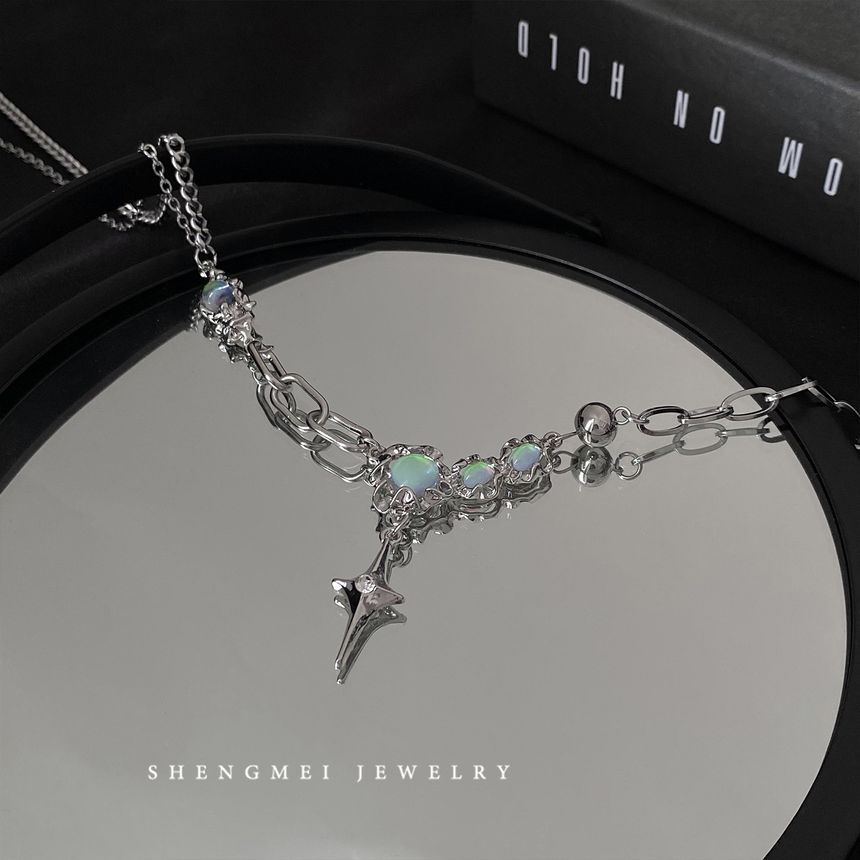 Steel Moonstone Rhinestone Necklace Pendant Star Stainless