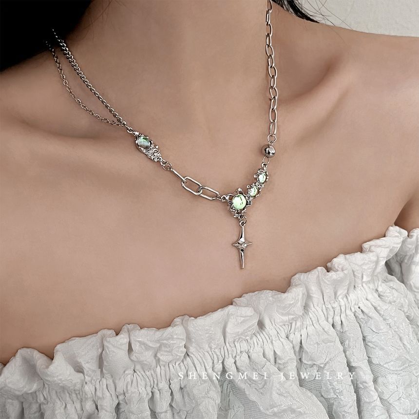 Steel Moonstone Rhinestone Necklace Pendant Star Stainless