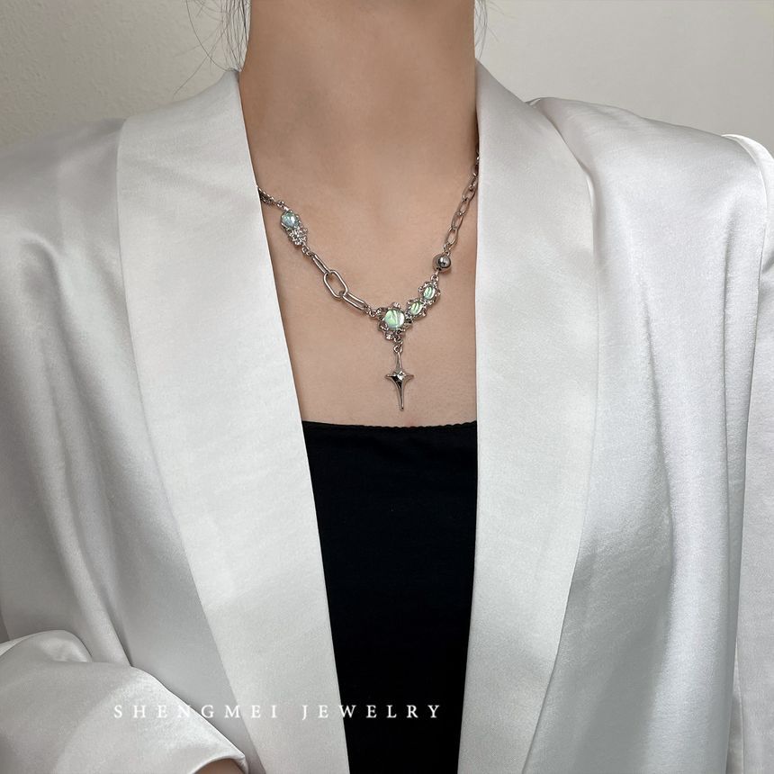 Steel Moonstone Rhinestone Necklace Pendant Star Stainless