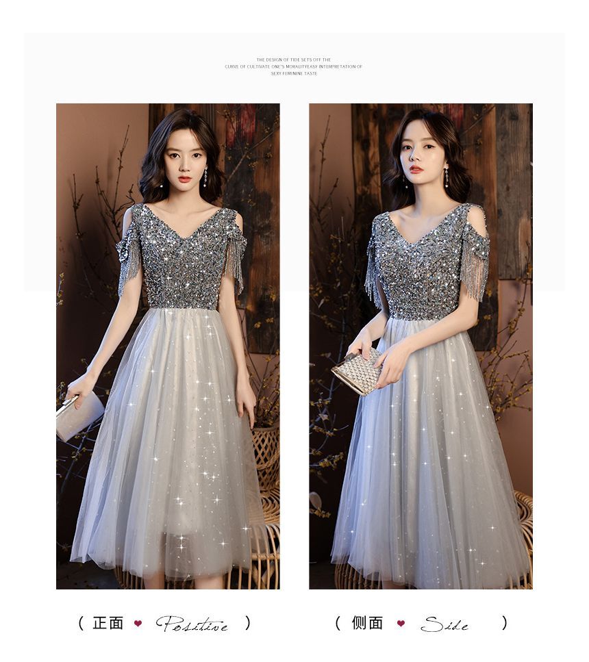 Maxi Shoulder Cold Sequin Prom Dress