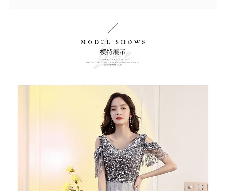 Maxi Shoulder Cold Sequin Prom Dress