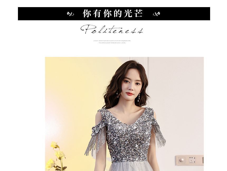 Maxi Shoulder Cold Sequin Prom Dress