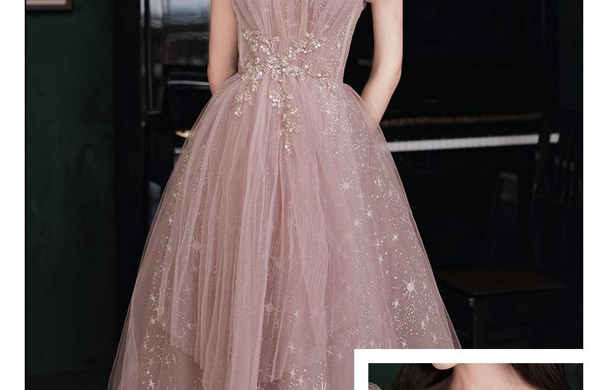 Short-Sleeve Embellished Maxi Prom Dress