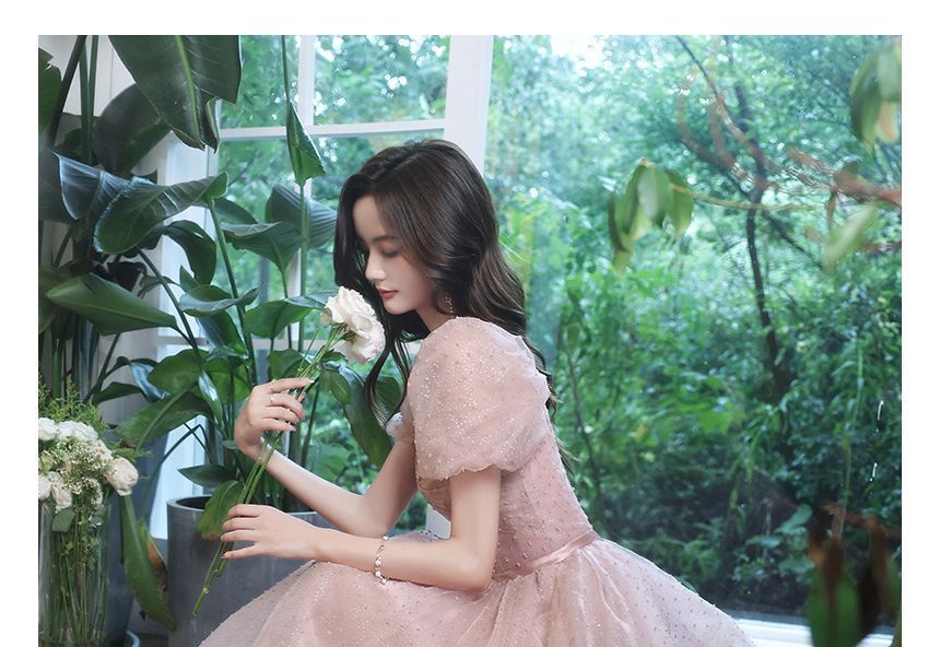 Puff-Sleeve Prom A-Line Dotted Dress