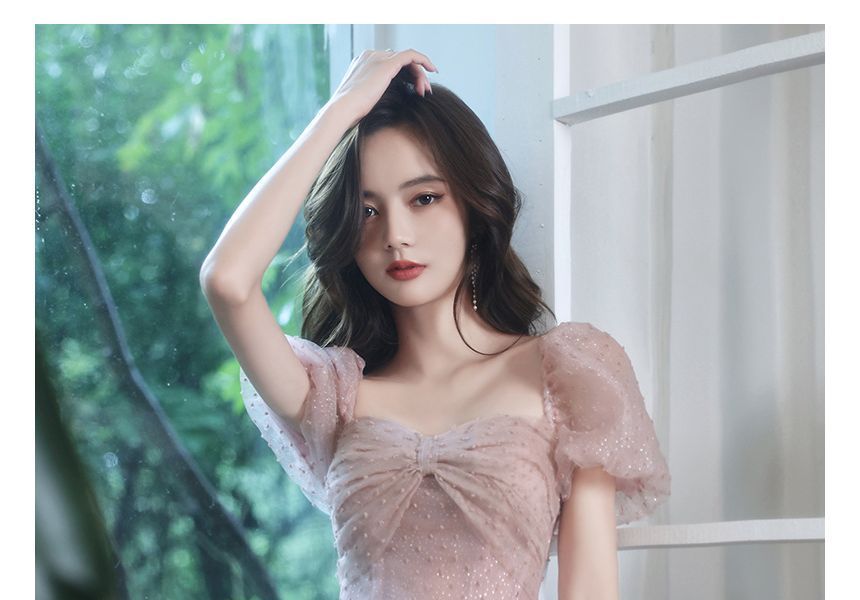 Puff-Sleeve Prom A-Line Dotted Dress