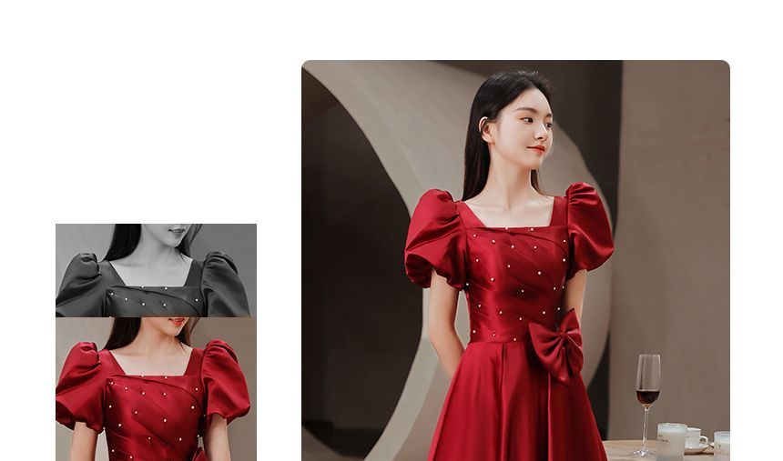 Bow Designs) Dress (Various A-Line Puff-Sleeve Embellished Prom