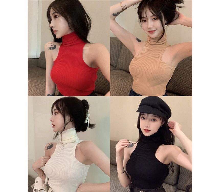 Turtleneck Sleeveless Plain Top