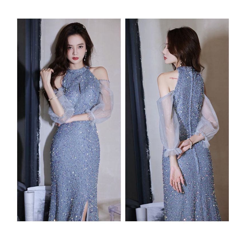 Evening Sequin Sheath Gown Cold-Shoulder