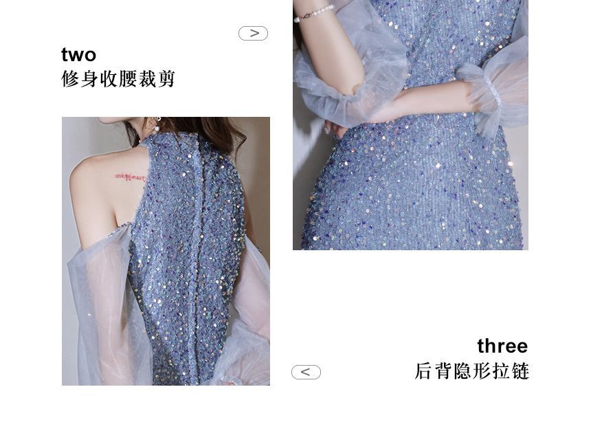 Evening Sequin Sheath Gown Cold-Shoulder