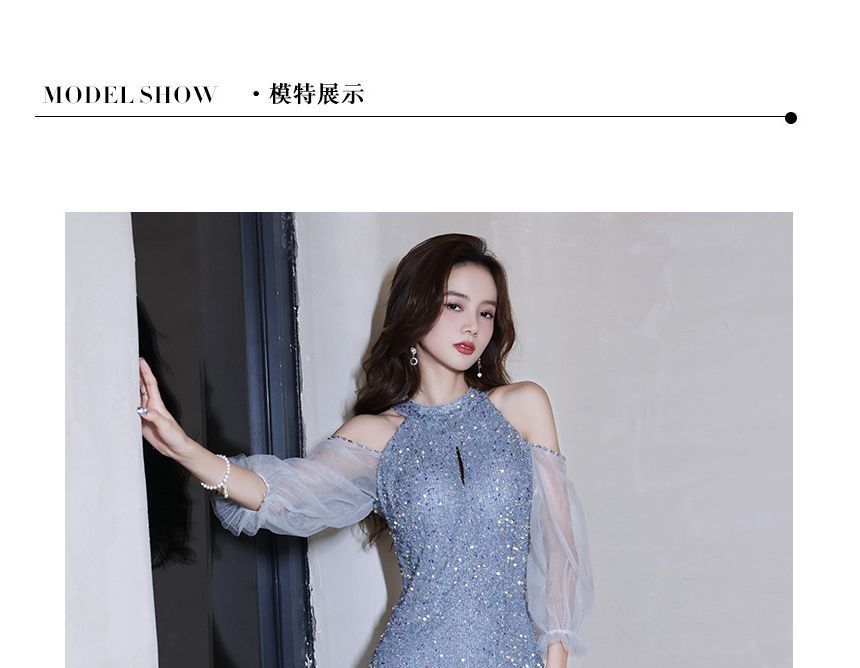 Evening Sequin Sheath Gown Cold-Shoulder